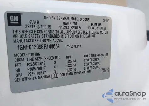 2008 Chevrolet Tahoe Lt from USA, damaged, VIN 1GNFC13098R140632